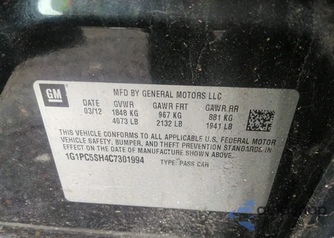 2012 Chevrolet Cruze Ls z USA, uszkodzony, nr VIN 1G1PC5SH4C7301994